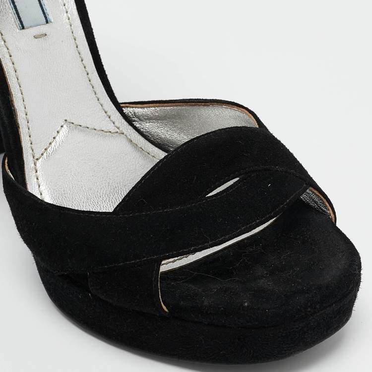 Pre Owned Prada Black Suede Ankle Strap Platform Block Heel Sandals Size 37.5