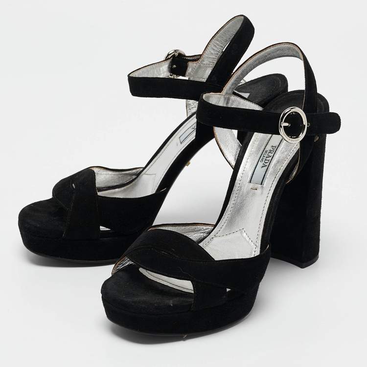 Pre Owned Prada Black Suede Ankle Strap Platform Block Heel Sandals Size 37.5
