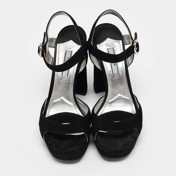 Pre Owned Prada Black Suede Ankle Strap Platform Block Heel Sandals Size 37.5