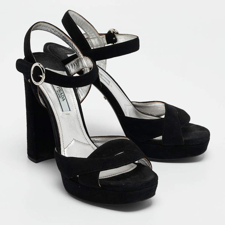 Pre Owned Prada Black Suede Ankle Strap Platform Block Heel Sandals Size 37.5