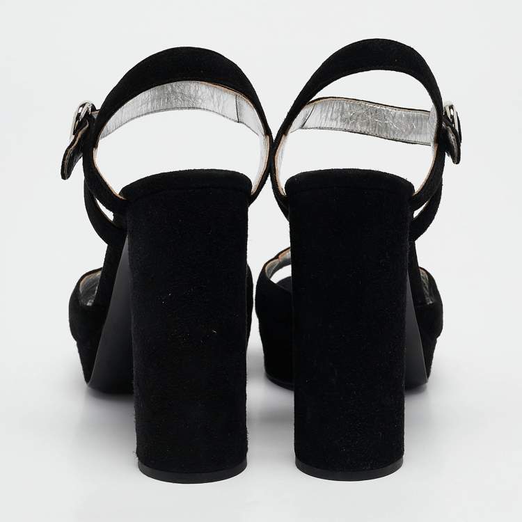 Pre Owned Prada Black Suede Ankle Strap Platform Block Heel Sandals Size 37.5