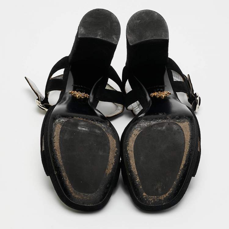 Pre Owned Prada Black Suede Ankle Strap Platform Block Heel Sandals Size 37.5