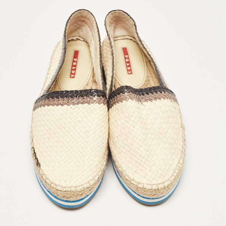 Pre Owned Prada Cream/Brown Woven Leather Slip On Espadrille Flats Size 39