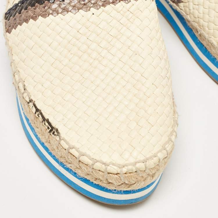 Pre Owned Prada Cream/Brown Woven Leather Slip On Espadrille Flats Size 39
