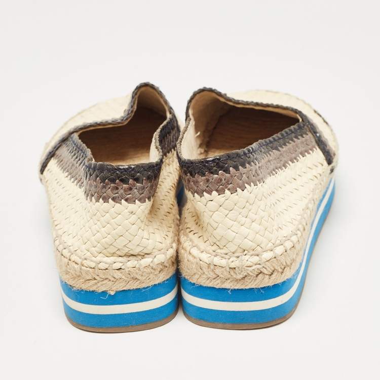 Pre Owned Prada Cream/Brown Woven Leather Slip On Espadrille Flats Size 39