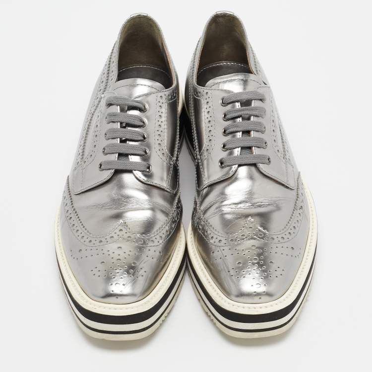 Pre Owned Prada Silver Leather Brogues Oxford Sneakers Size 39