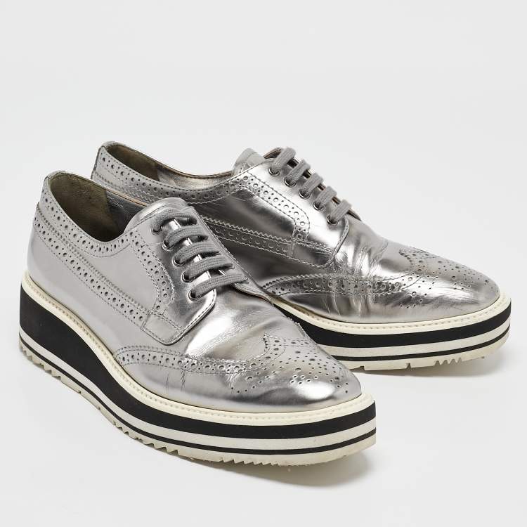 Pre Owned Prada Silver Leather Brogues Oxford Sneakers Size 39