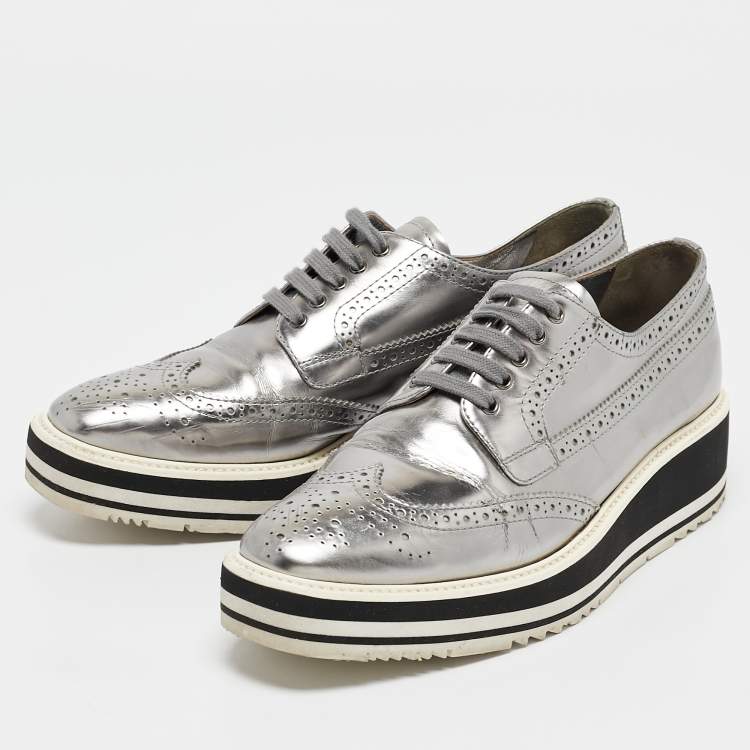 Pre Owned Prada Silver Leather Brogues Oxford Sneakers Size 39