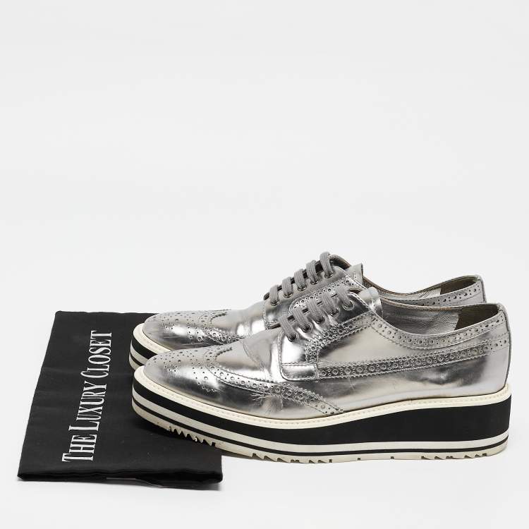 Pre Owned Prada Silver Leather Brogues Oxford Sneakers Size 39