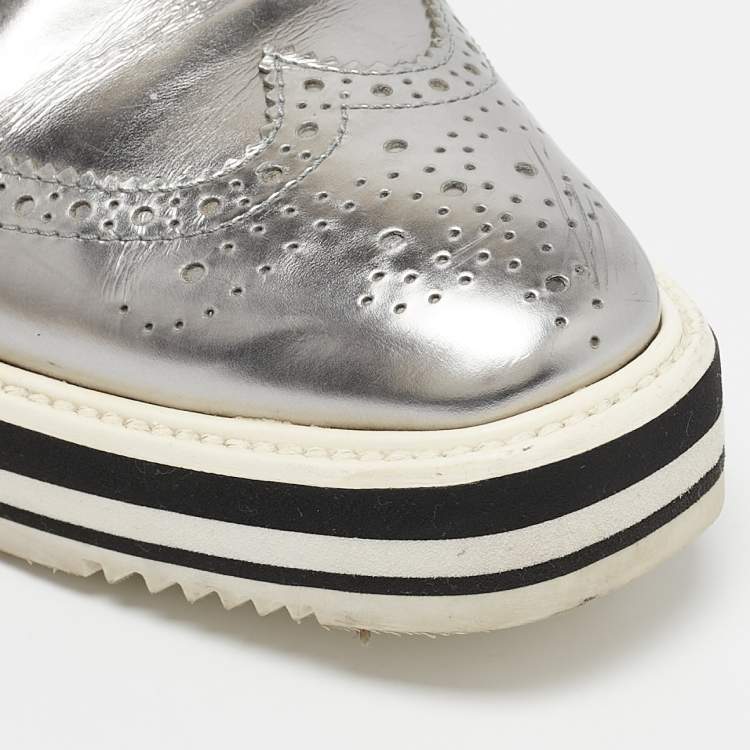 Pre Owned Prada Silver Leather Brogues Oxford Sneakers Size 39