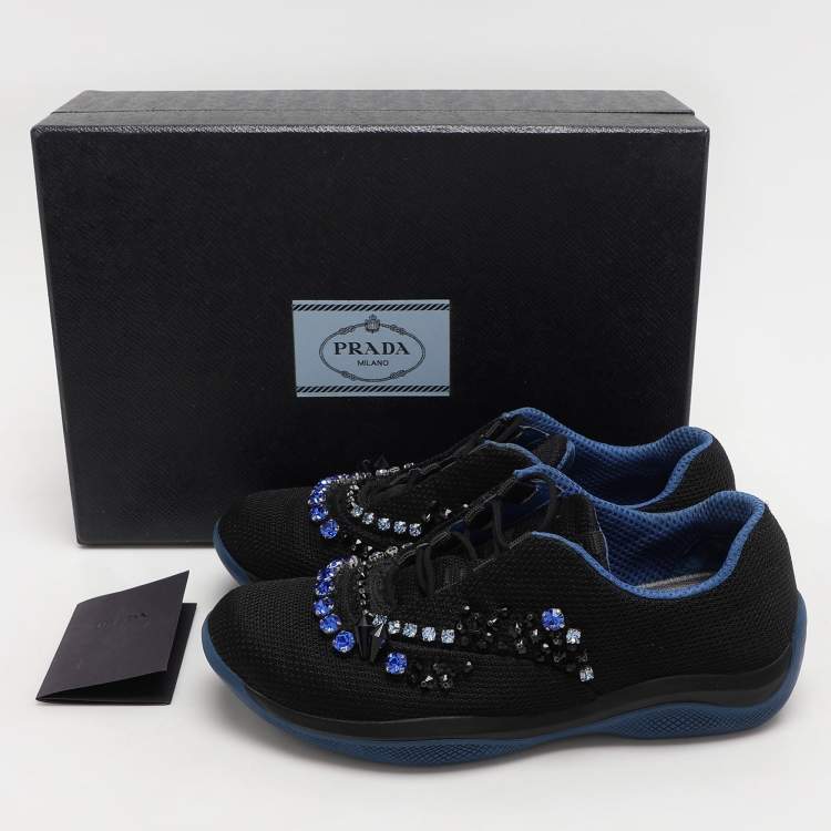 Pre Owned Prada Black Mesh Crystal Embellished Slip On Sneakers Size 36