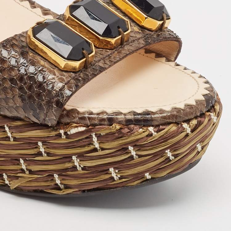 Pre Owned Prada Brown Python Leather Wedge Ankle Strap Sandals Size 39