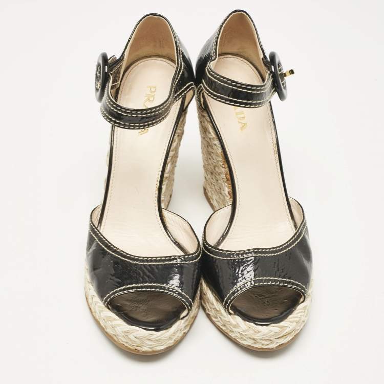 Pre Owned Prada Black Patent Leather Wedge Ankle Strap Sandals Size 38.5