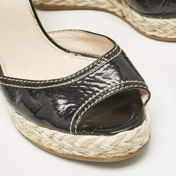 Pre Owned Prada Black Patent Leather Wedge Ankle Strap Sandals Size 38.5