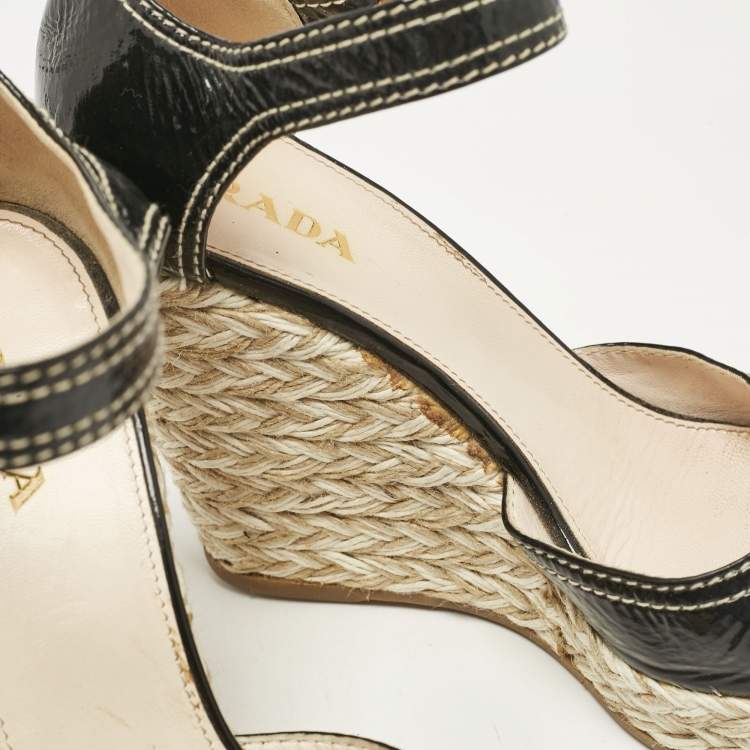 Pre Owned Prada Black Patent Leather Wedge Ankle Strap Sandals Size 38.5
