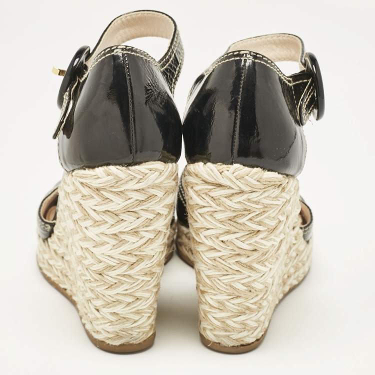 Pre Owned Prada Black Patent Leather Wedge Ankle Strap Sandals Size 38.5
