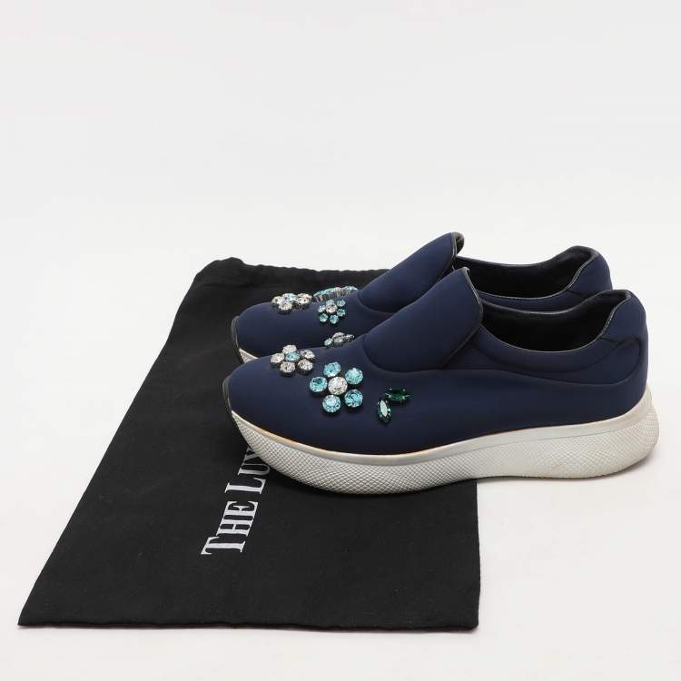 Pre Owned Prada Blue Nylon Catch Me If You Can Crystal Embellished Slip On Sneakers Size 35.5