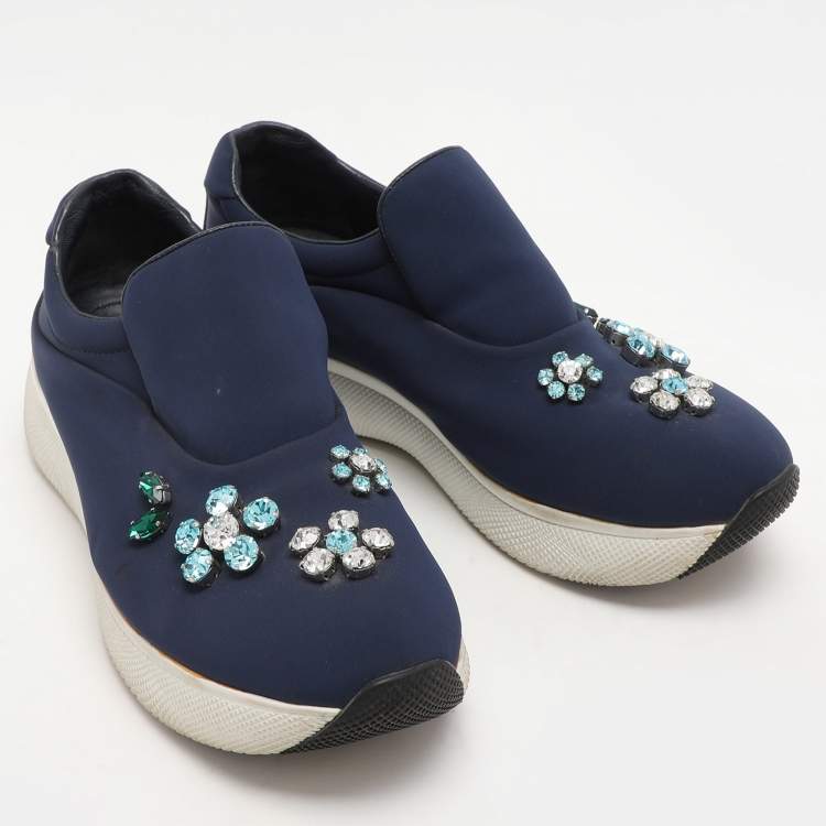 Pre Owned Prada Blue Nylon Catch Me If You Can Crystal Embellished Slip On Sneakers Size 35.5