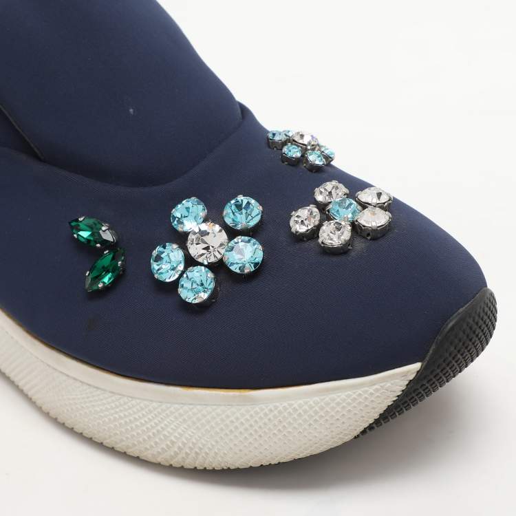 Pre Owned Prada Blue Nylon Catch Me If You Can Crystal Embellished Slip On Sneakers Size 35.5