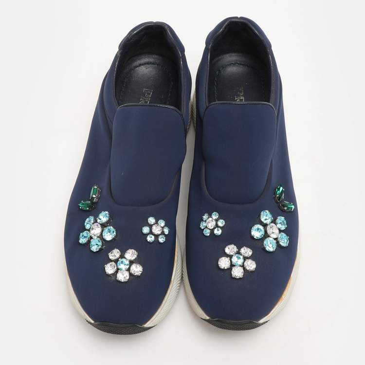 Pre Owned Prada Blue Nylon Catch Me If You Can Crystal Embellished Slip On Sneakers Size 35.5