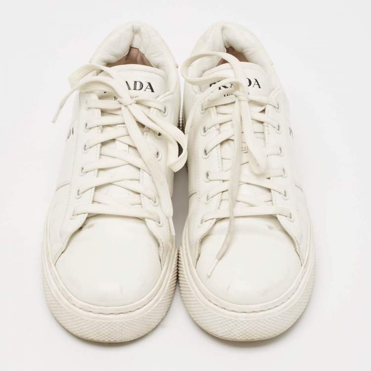 Pre Owned Prada White  Leather  Lace Up Trainer Sneakers Size 36.5 
