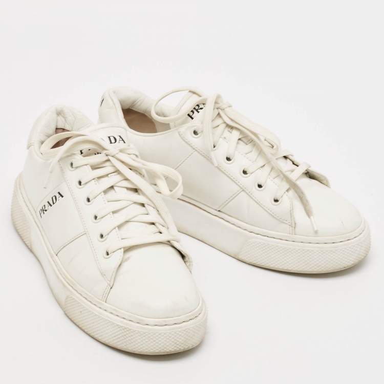 Pre Owned Prada White  Leather  Lace Up Trainer Sneakers Size 36.5 