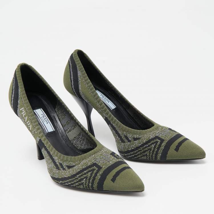 Pre Owned Prada Green Printed Knit Fabric Pointed Toe Pumps Size 40.5
