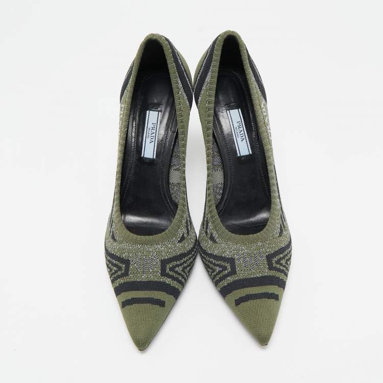 Pre Owned Prada Green Printed Knit Fabric Pointed Toe Pumps Size 40.5