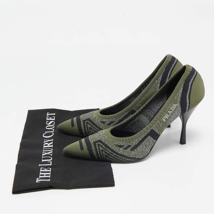 Pre Owned Prada Green Printed Knit Fabric Pointed Toe Pumps Size 40.5