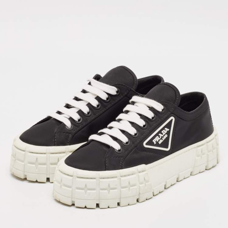 Pre Owned Prada Black Nylon Double Wheel Lace Up Sneakers Size 38.5