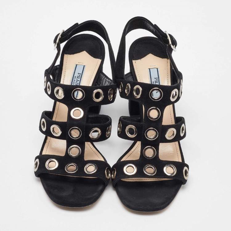 Pre Owned  Prada Black Suede Grommet Block Heel Slingback Sandals Size 37.5