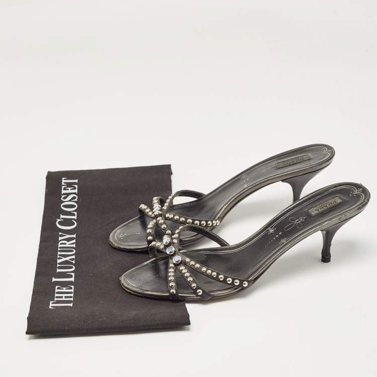 Pre Owned Prada Metallic Leather Crystal Embellished Slide Sandals Size 39.5