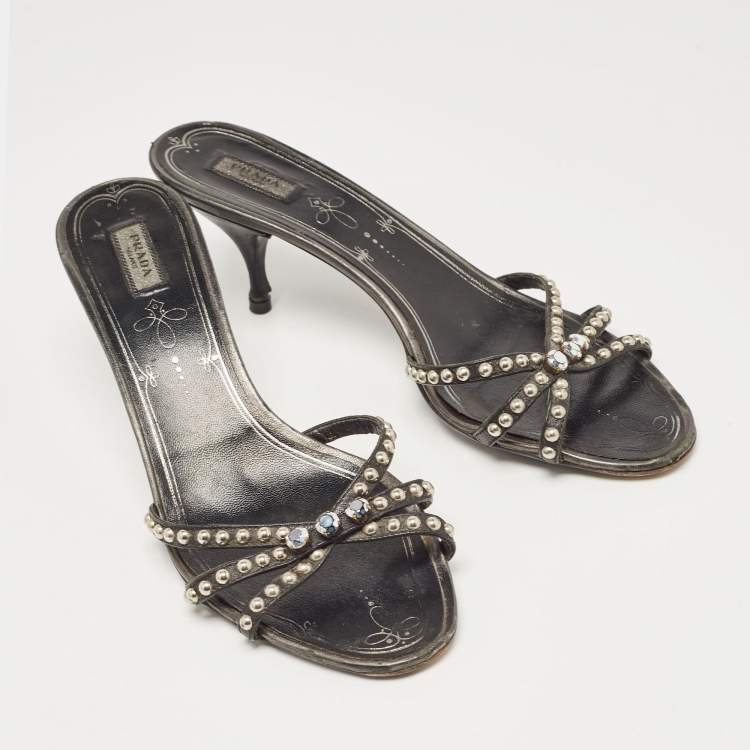Pre Owned Prada Metallic Leather Crystal Embellished Slide Sandals Size 39.5