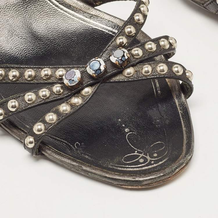 Pre Owned Prada Metallic Leather Crystal Embellished Slide Sandals Size 39.5