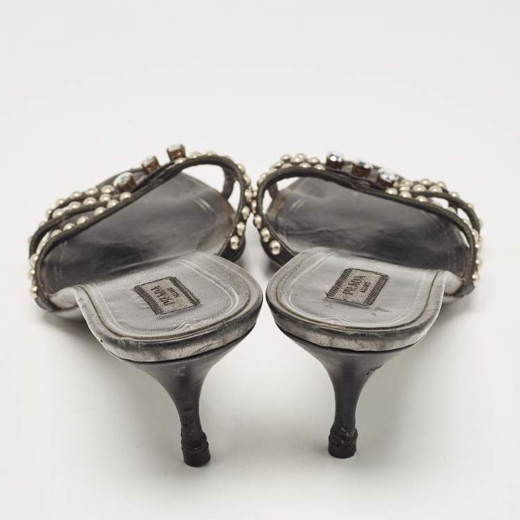 Pre Owned Prada Metallic Leather Crystal Embellished Slide Sandals Size 39.5
