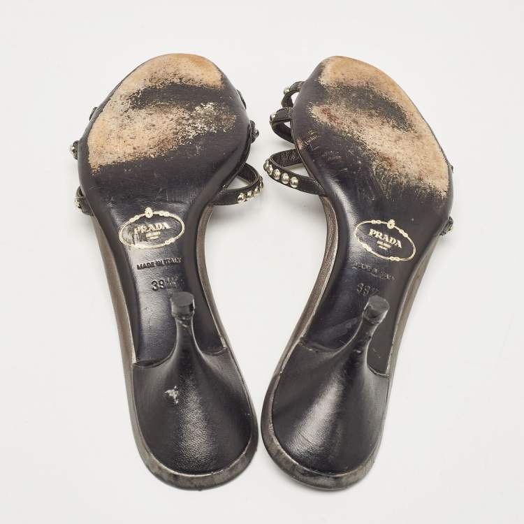 Pre Owned Prada Metallic Leather Crystal Embellished Slide Sandals Size 39.5
