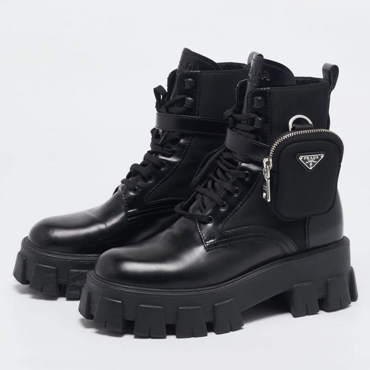 Pre Owned Prada Black Leather and Nylon Monolith Ankle Boots Size 38.5
