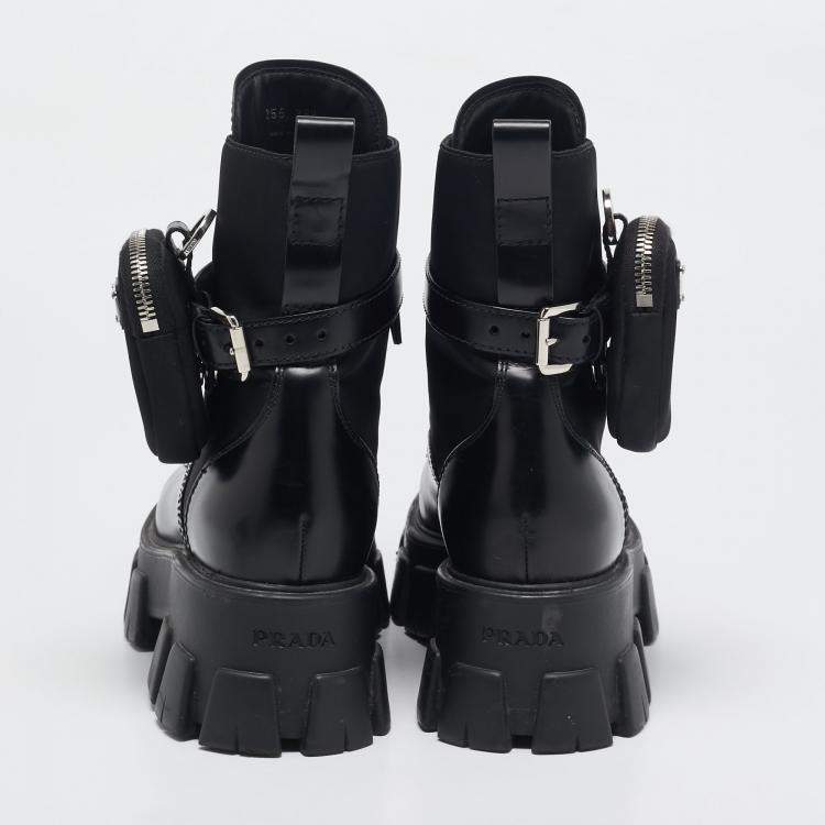 Pre Owned Prada Black Leather and Nylon Monolith Ankle Boots Size 38.5