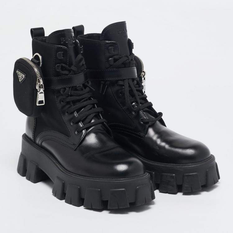 Pre Owned Prada Black Leather and Nylon Monolith Ankle Boots Size 38.5