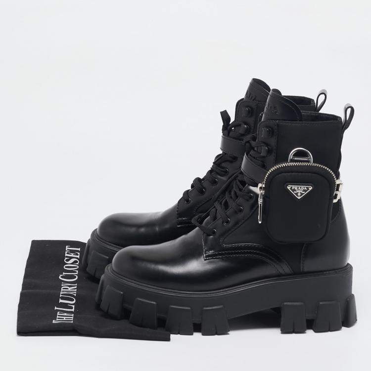 Pre Owned Prada Black Leather and Nylon Monolith Ankle Boots Size 38.5