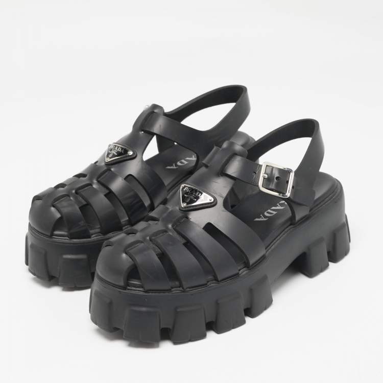 Pre Owned Prada Black Rubber Monolith Ankle Strap Sandals Size 39