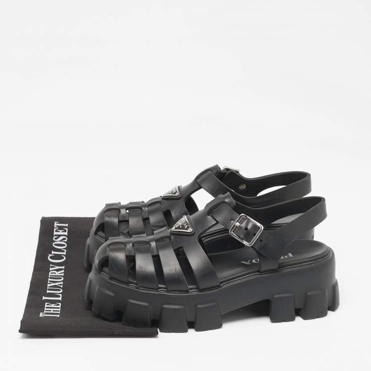 Pre Owned Prada Black Rubber Monolith Ankle Strap Sandals Size 39