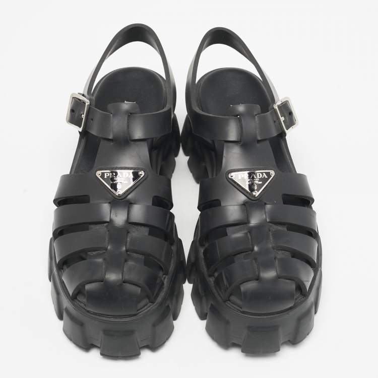 Pre Owned Prada Black Rubber Monolith Ankle Strap Sandals Size 39