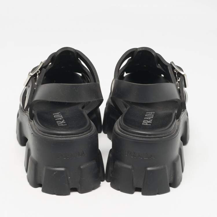 Pre Owned Prada Black Rubber Monolith Ankle Strap Sandals Size 39