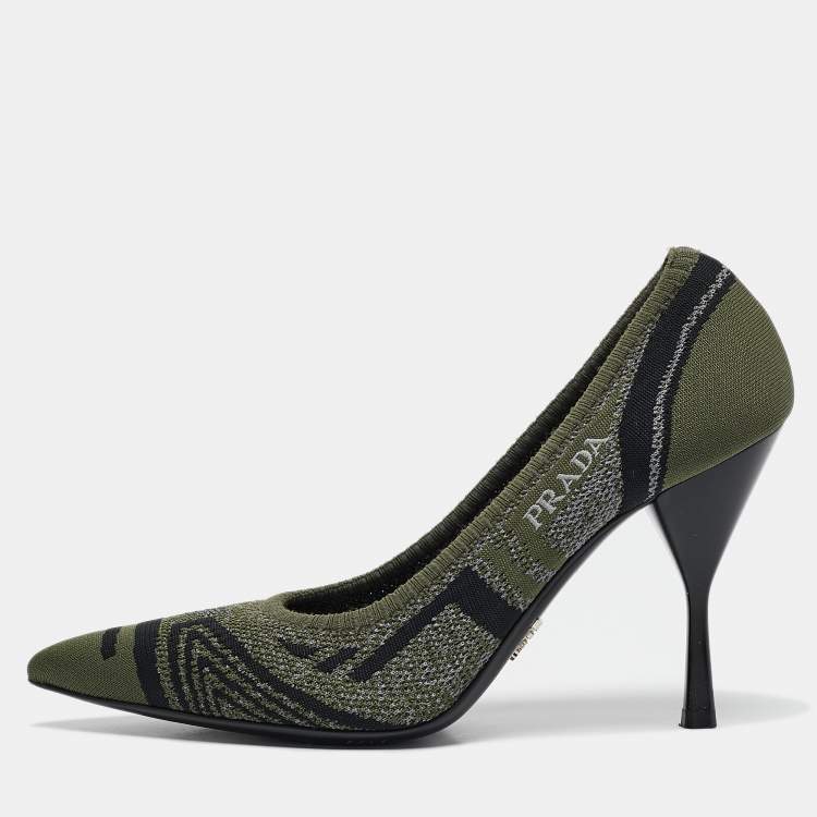 Pre Owned Prada Green/Black Printed Knit Fabric Pointed Toe Pumps Size 39