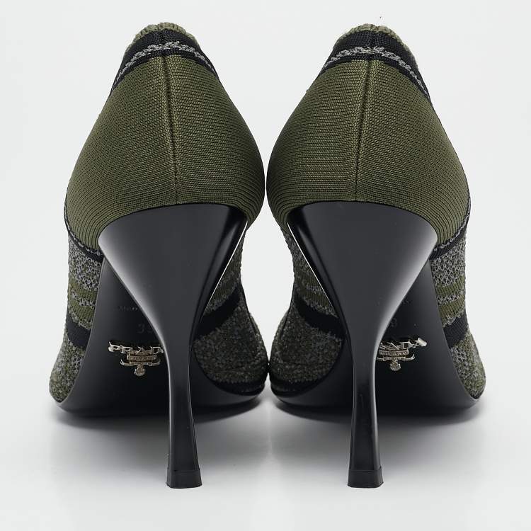 Pre Owned Prada Green/Black Printed Knit Fabric Pointed Toe Pumps Size 39