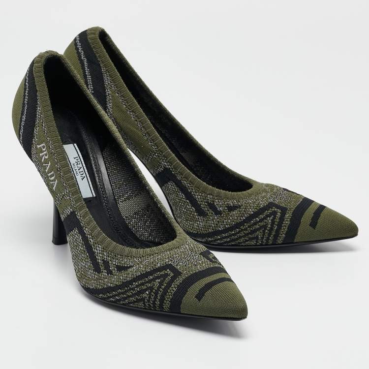 Pre Owned Prada Green/Black Printed Knit Fabric Pointed Toe Pumps Size 39