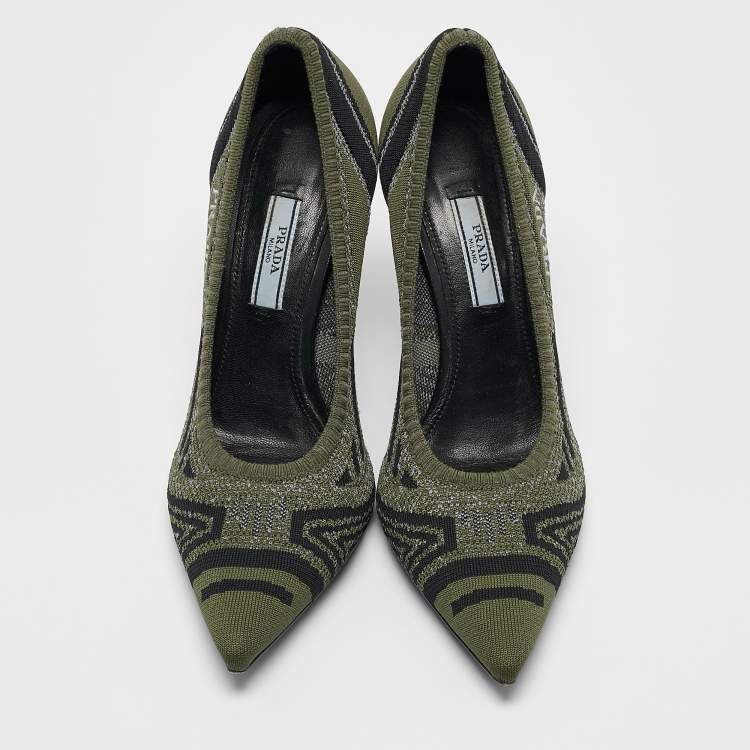 Pre Owned Prada Green/Black Printed Knit Fabric Pointed Toe Pumps Size 39