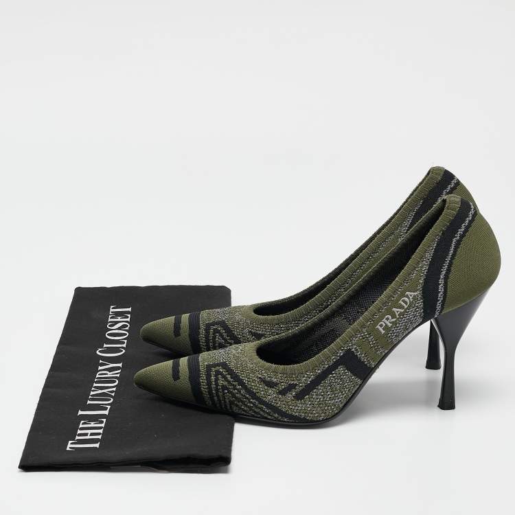 Pre Owned Prada Green/Black Printed Knit Fabric Pointed Toe Pumps Size 39