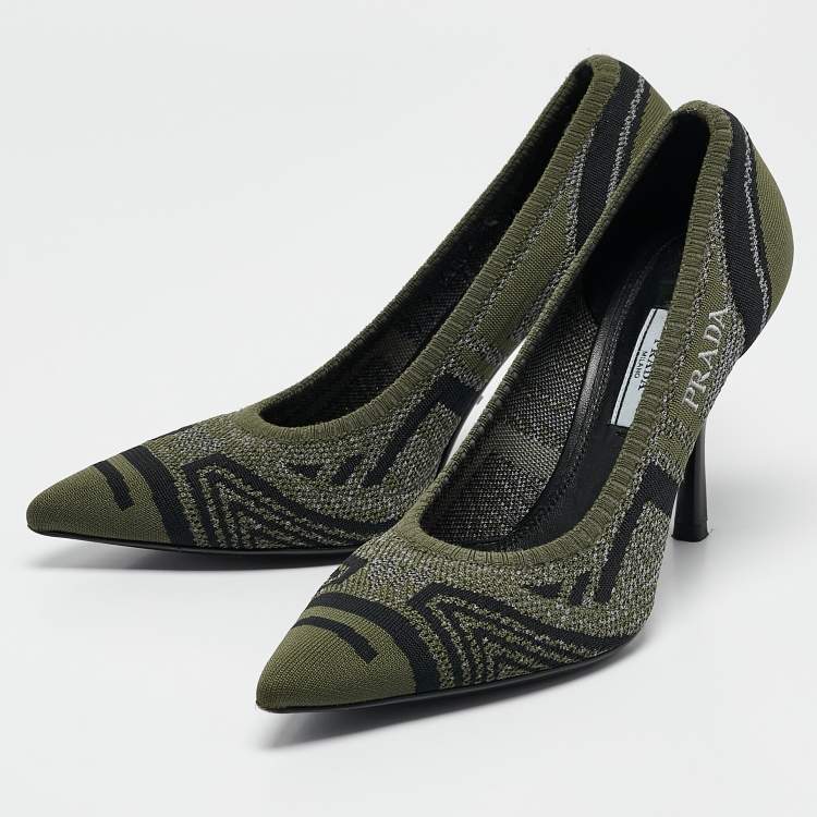 Pre Owned Prada Green/Black Printed Knit Fabric Pointed Toe Pumps Size 39